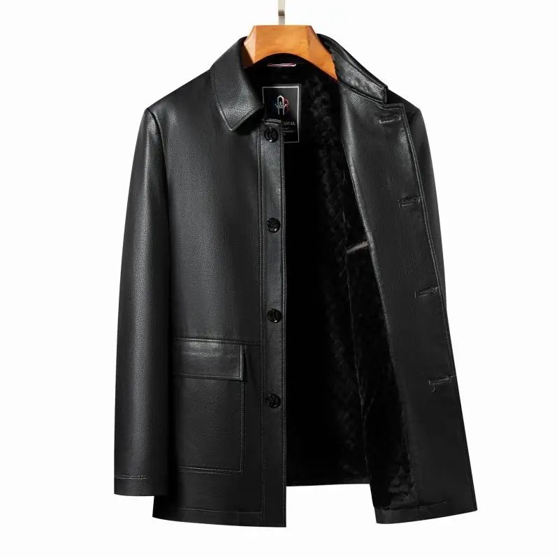 2023 Autumn/Winter New Middle Aged and Elderly Men's Mid Length Flip Collar Leather Jacket