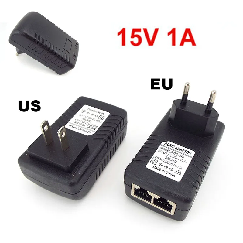 CCTV Security Surveillance PoE Power Supply 15V 1A POE Wall Plug POE Injector Ethernet Adapters for IP Camera Phone US EU Plug