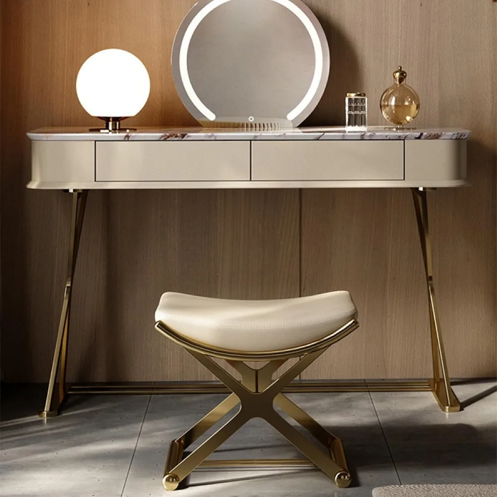 مقعد عثماني جلدي متعدد الأغراض مع أرجل معدنية بإطار X، مقعد مبطن للمكياج ومساحات المعيشة والحمامات #3