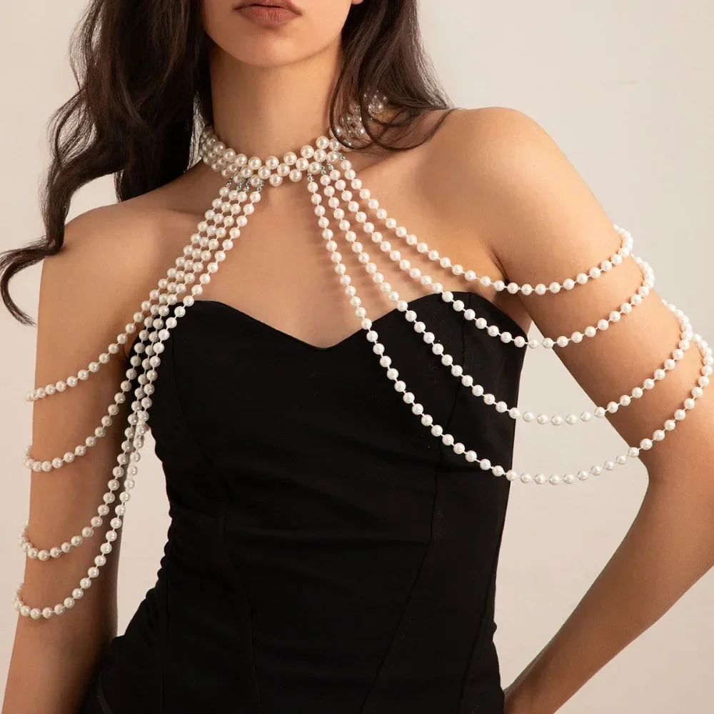 Sexy Imitation Pearl Body Chain for Women Big Necklaces Shawl Female Beaded Collar Shoulder Sweater Long Chain Bridal Jewelry