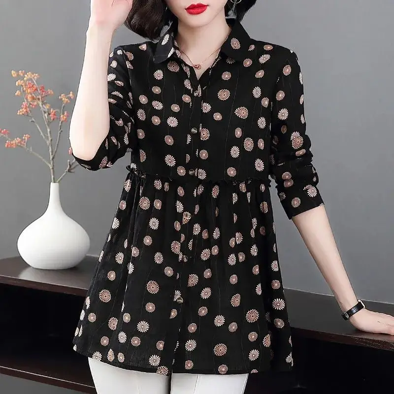 

Elegant Fashion Turn-down Collar Printed Blouse Casual Vintage Female Shirring Long Sleeve Button Shirt Women's Clothing 2022