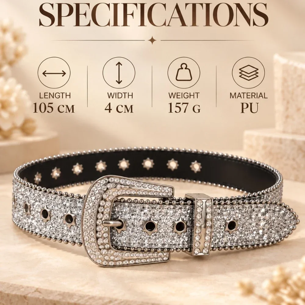 Bling Rhinestone Studded Belt for Ladies, Sparkling Crystal Buckle Belt, Fashion Y2K Cowboy Waist Accessories