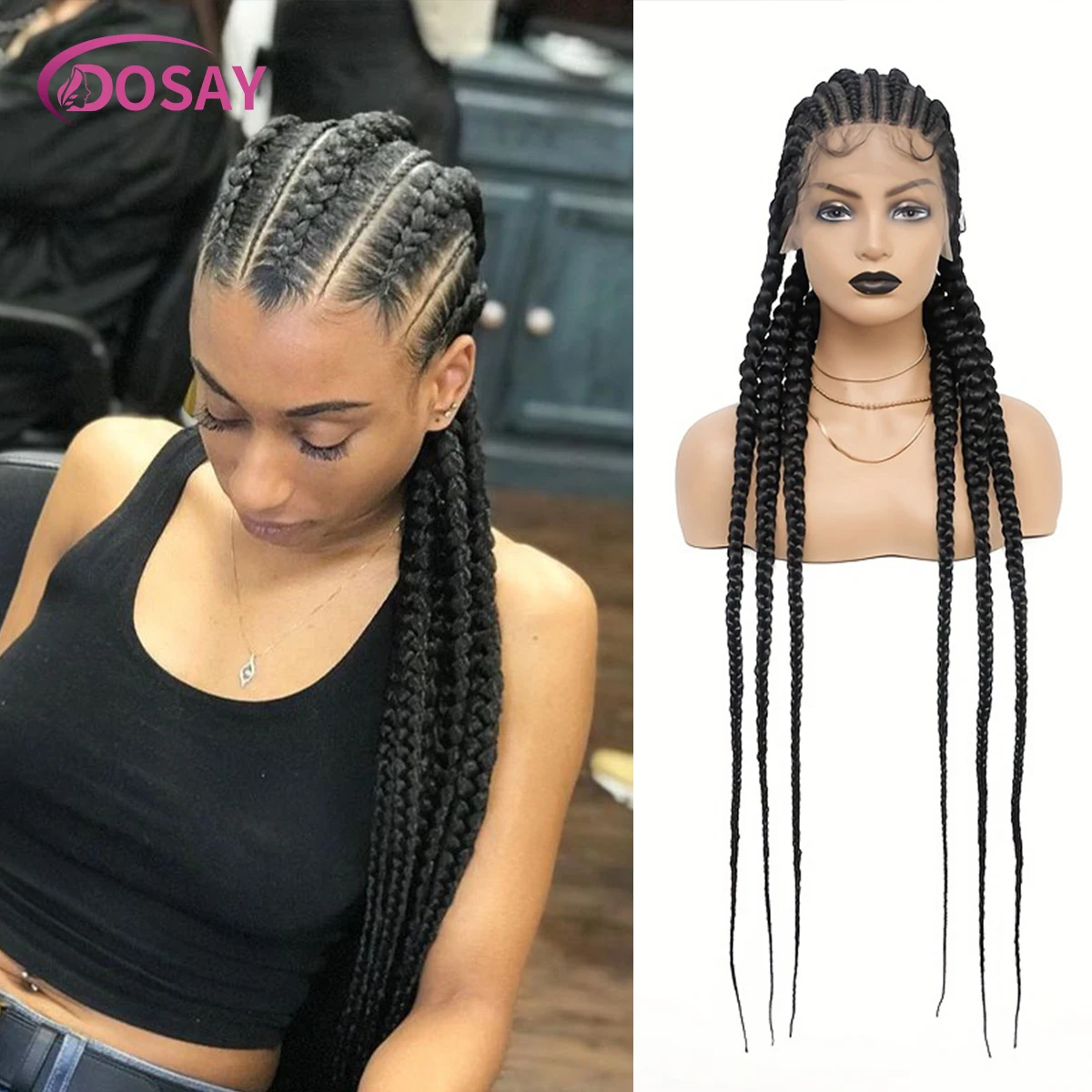 

36-дюймовые полные кружевные косички без узлов для женщин, синтетические косички, кружевной парик, искусственные локоны, Jumbo Braids, парик