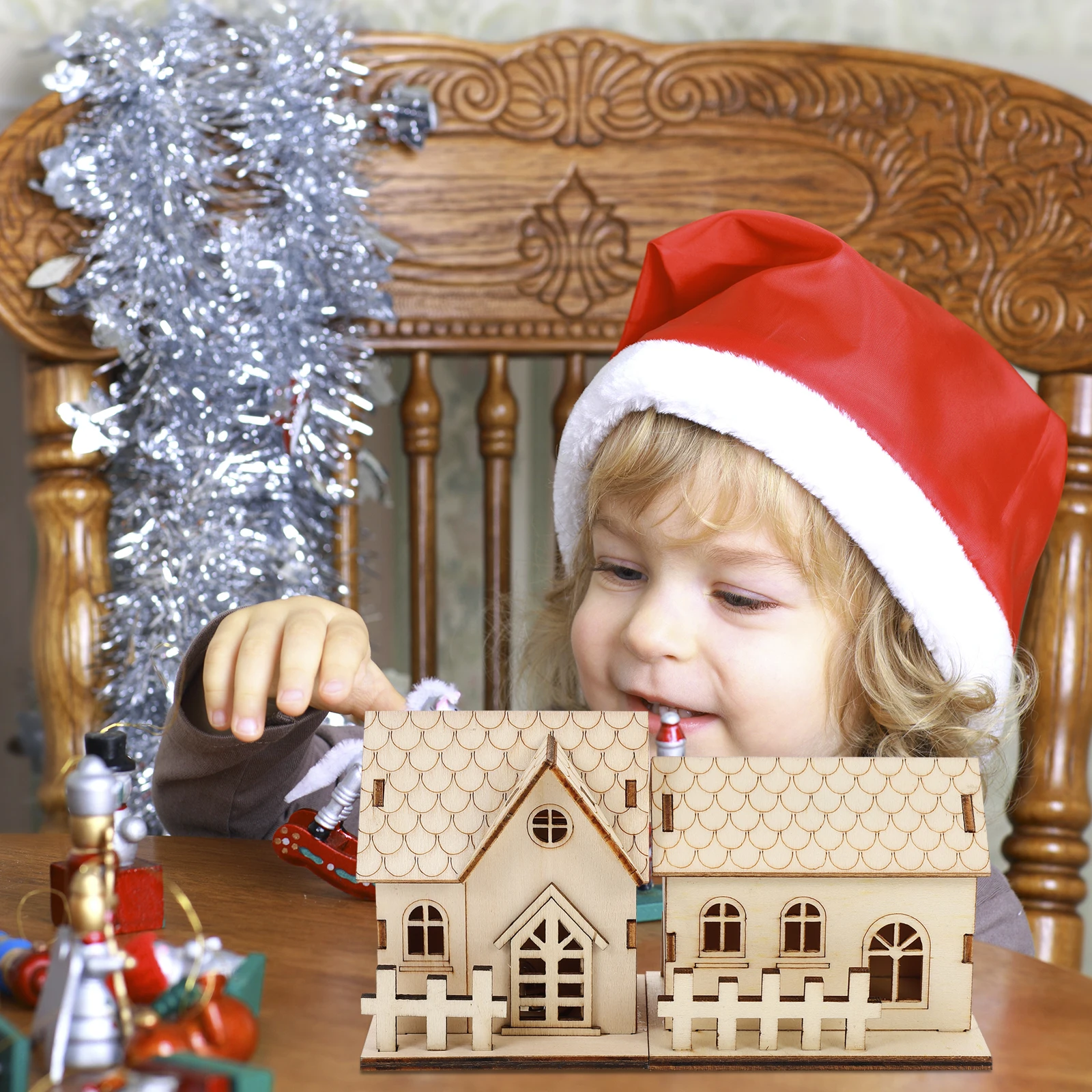 

2pcs Luminous Christmas Wooden Small Cabin Decorations Creative Xmas Adornments Glowing Desktop Ornaments For Home Office Party
