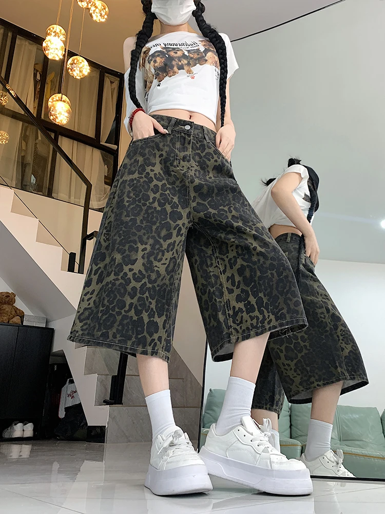 

Американские джинсовые лыжи с леопардовым принтом, женские летние тонкие широкие брюки, свободный крой, утягивающие джинсы с высокой талией, семь четвертей