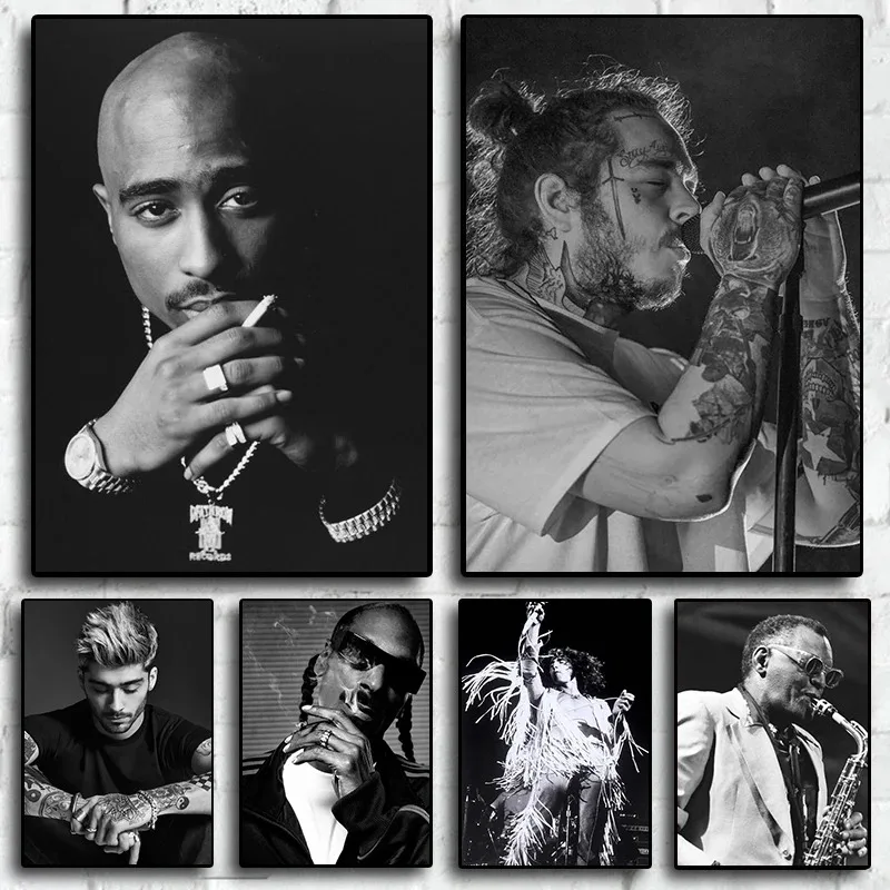 Pop Singer 2pac Post Malone Posters Nordic Black and White Hip Hop Aesthetic Pictures for Room Music Canvas Home Wall Art Decor