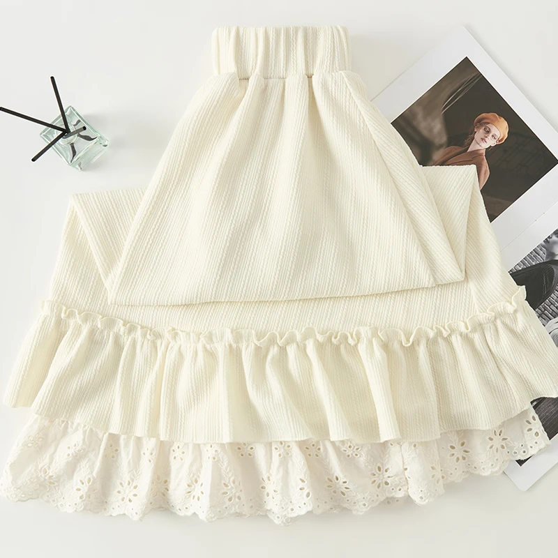 Vrouwen Rok Koreaanse Stijl Zoete Splicing Ruche Rand Halve Rok Hoge Taille Losse A-lijn Veelzijdige Herfst Nieuwe Mode