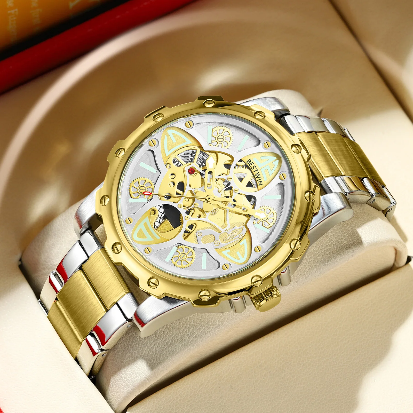 BESTWIN 203 ساعة رجالي منظور أسفل بوش مفتوحة قطع غير ميكانيكية متعددة الطبقات مضيئة موضة ساعات كوارتز للرجل