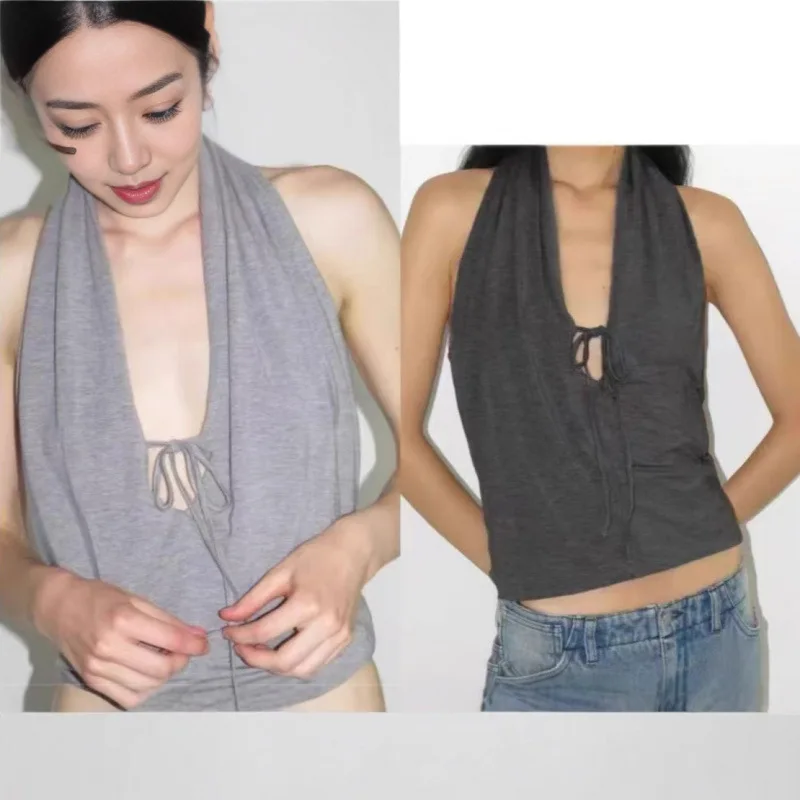 Paloma Wool2025 Sexy oulder Bared Deep V Ne Bal Tie Top Women's Retro Sle Polyester Vest Summer Faion Trend