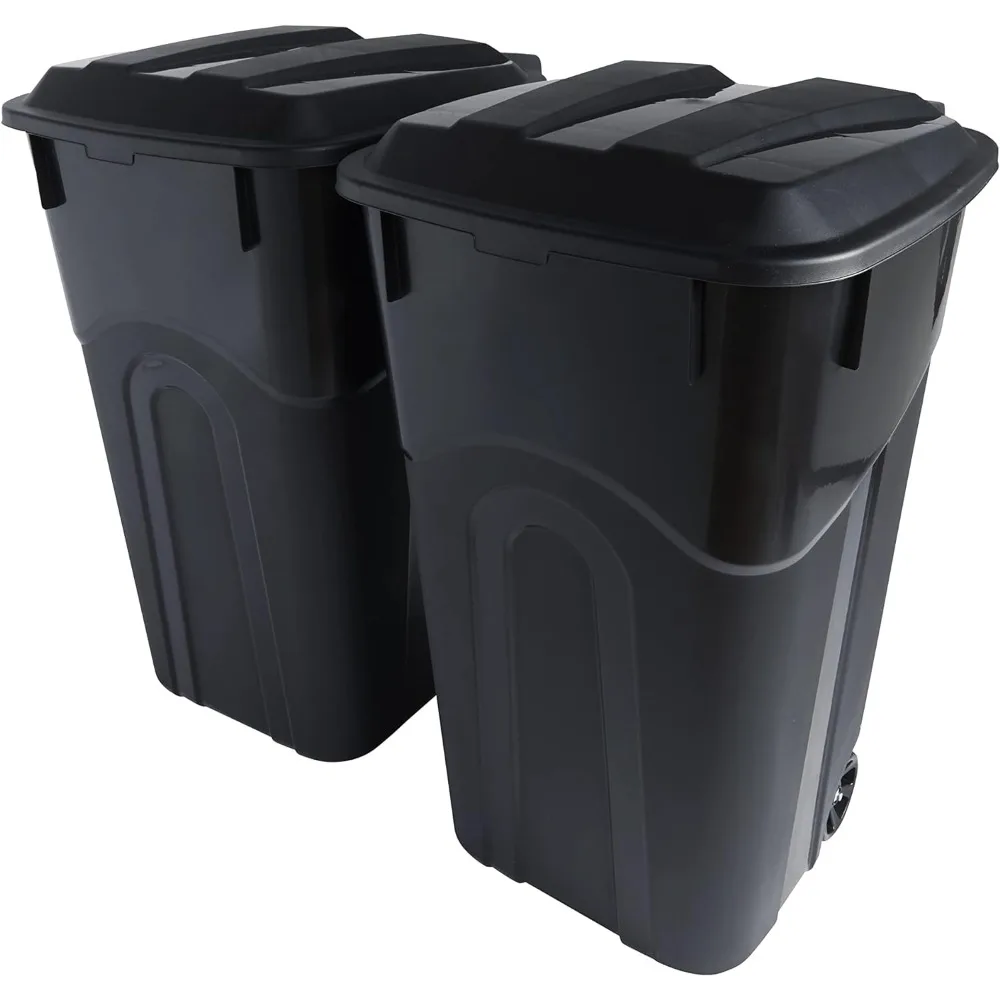 

32 Gallon Wheeled Outdoor Garbage Can with Attached Snap Lock Lid and Heavy-Duty Handles, Black, Heavy-Duty Construction