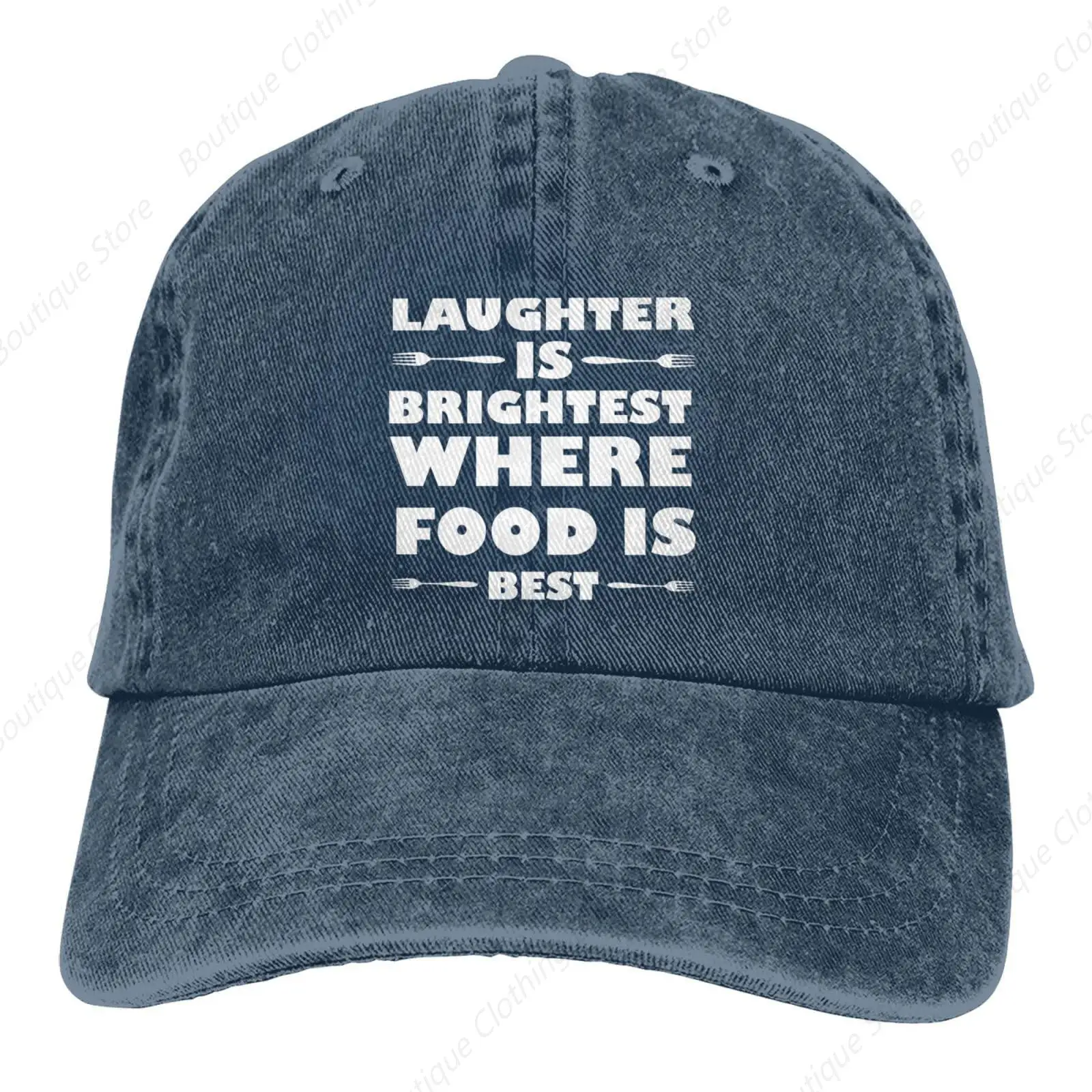 Laughter is Brightest Where Food is Best Baseball Cap for Men Women Hats Adjustable Denim Hat Dad Hat