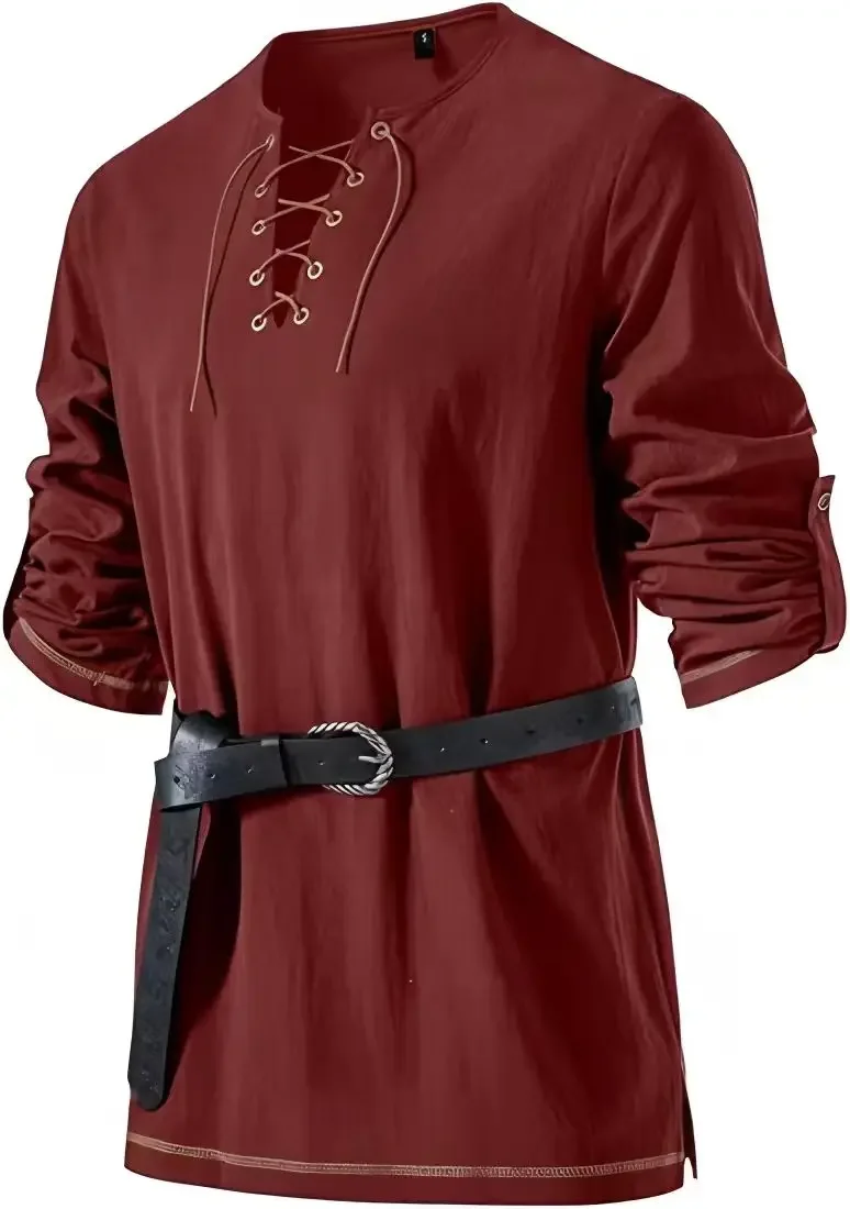 Mittelalterliches Schnürhemd für Herren mit Gürtel, langärmelig, Vintage-Piraten-Wikinger-Oberteil, Halloween-Cosplay-Kostüm, lässige Bluse – Detail 23