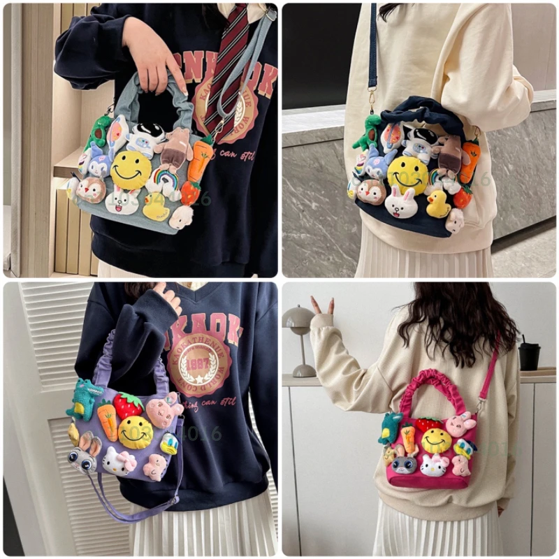 Y2K Denim Cartoon Doll Decoration Crossbody Bag Casual Canvas Shoulder Bag Trendy Tote Fashion Design Handbag Cute Women Purses