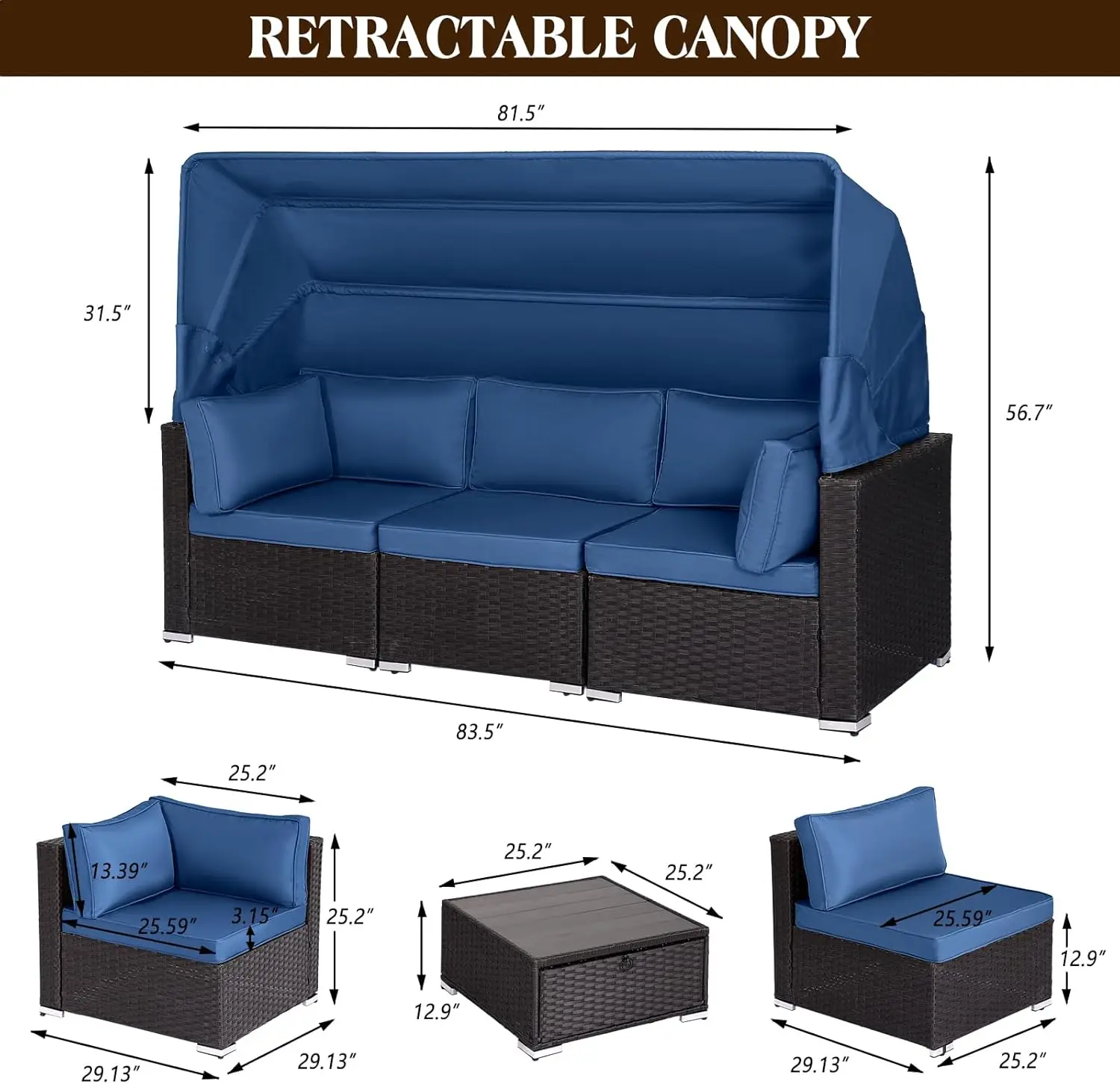 6pcs Outdoor Patio Rattan Daybed Furniture Set w/ Retractable Canopy,Adjustable Backrest,Sectional Chaise Longue Sofa Set (Blue)