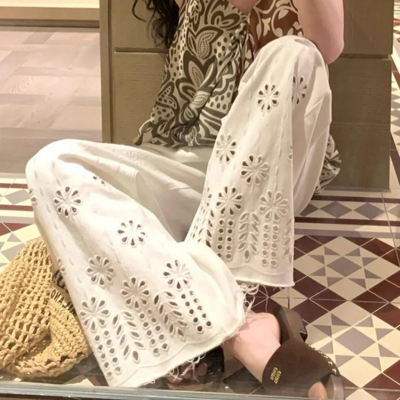 

New Summer Fashion Denim Pants Women White Hollow Out Embroidery High Waist Casual Loose Straight Trousers Jeans