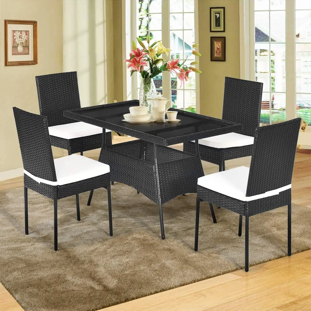 5 Piece Wicker Patio Dining Set, Outdoor Rattan Table & Chairs Set with Tempered Glass Top & Padded Cushions, Patio Furniture Di