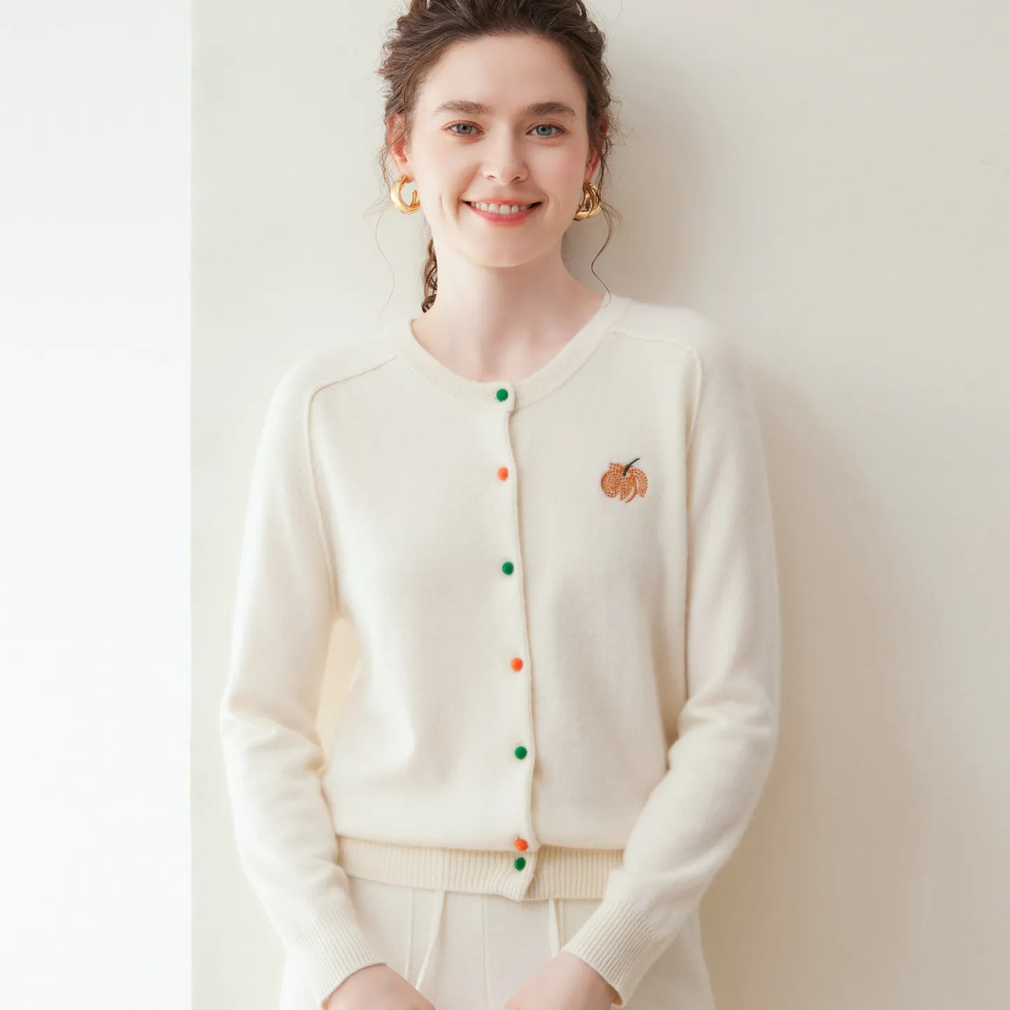 100% pure cashmere cardigan soft waxy sweater coat color button embroidered pumpkin top