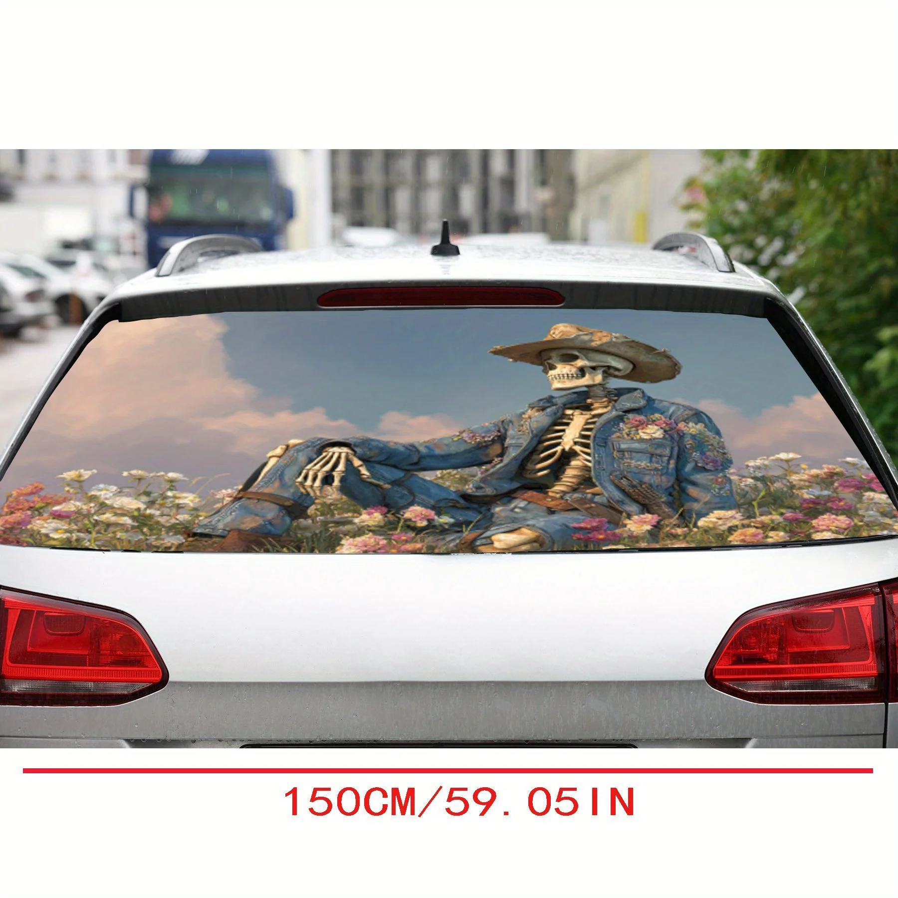 Cowboy skeleton in a flower field PVC material self-adhesive waterproof car rear window sticker, easy to paste without falling o
