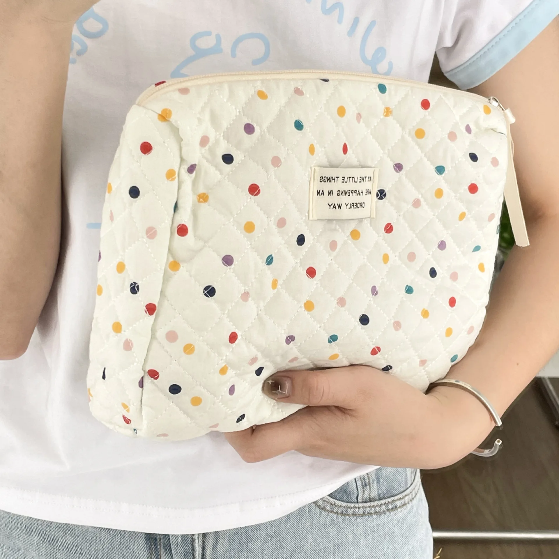 Borsa per il trucco a punto d'onda borsa per cosmetici da donna borsa per il trucco a pois rotondi borsa per cosmetici portatile carina di grande capacità