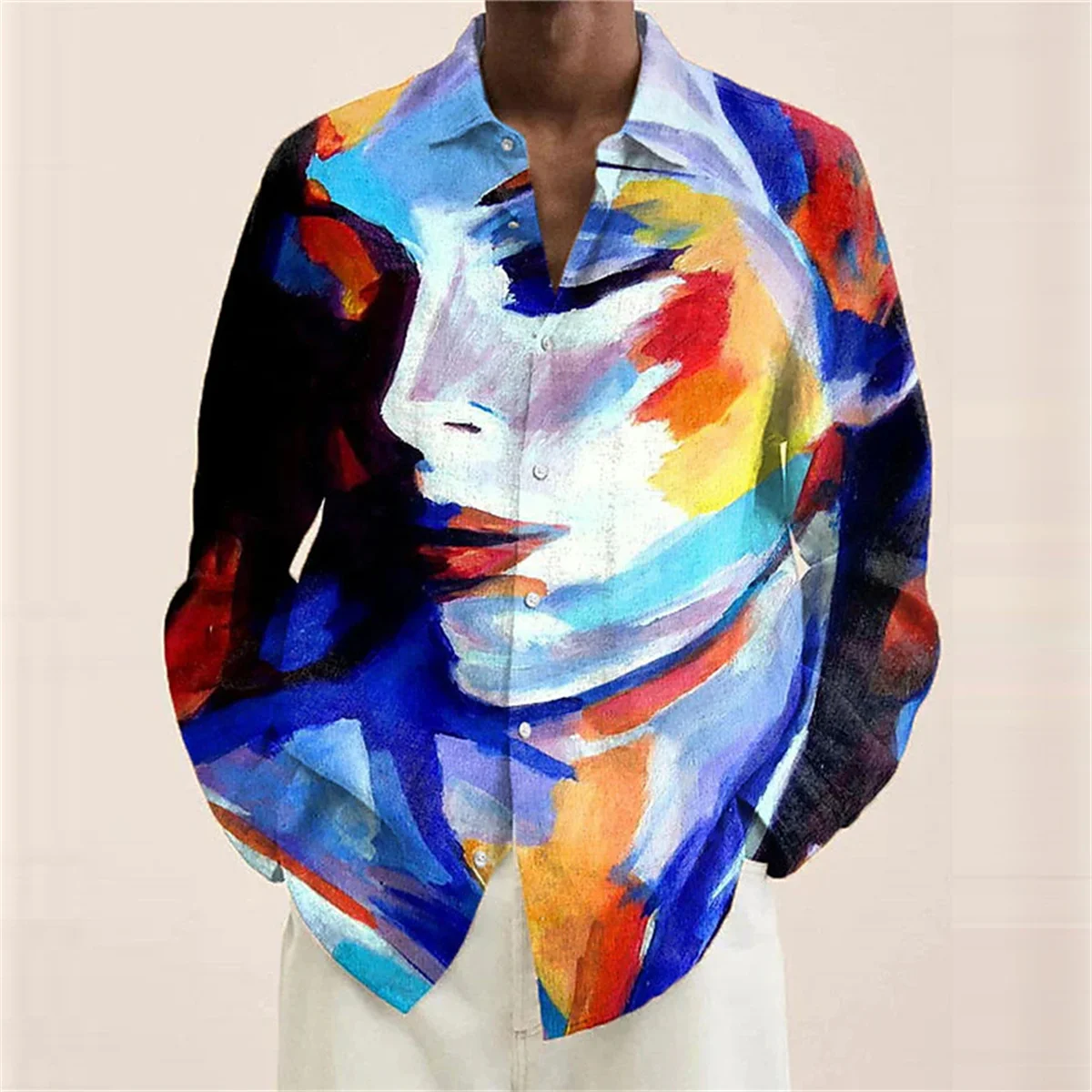 Ladies portrait pattern men\'s shirt abstract lapel 3D printing street long sleeved button clothing painting colored shirt S-6XL