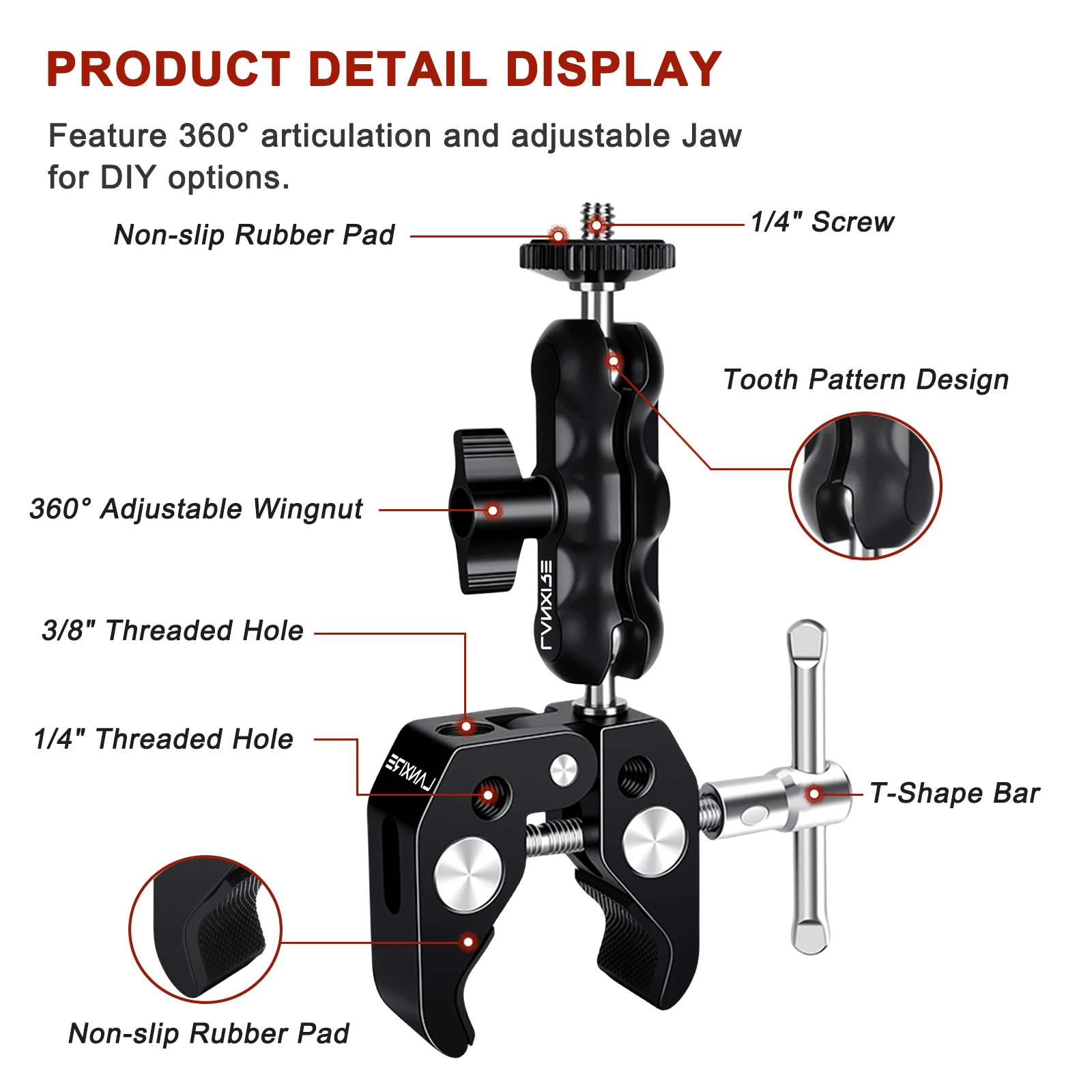 Lanxire Super Clamp Camera Clamp Mount Monitor 360° Ballhead Magic Arm Double Ball Head Adapter for phone Camera Gopro LED Light