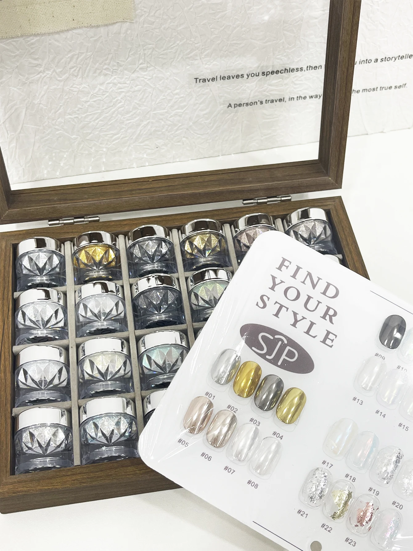 Ensemble de poudre de miroir magique pour vernis à ongles 24 couleurs avec boîte de rangement, cartes de couleur, poudre de vernis à ongles aurora et poudre de feuille d'or.