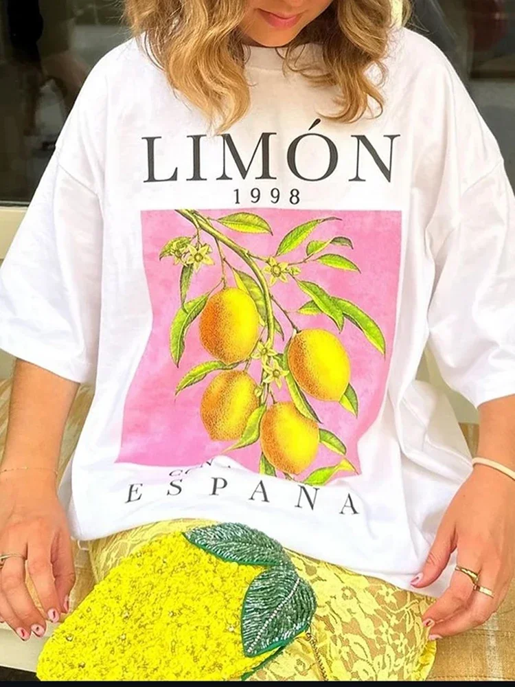Lemon Fruit Print T-Shirts Cotton Women Graphic Tops Vintage Aesthetic Botanical Streetwear Shirt Cottagecore Clothes Oversized image 2