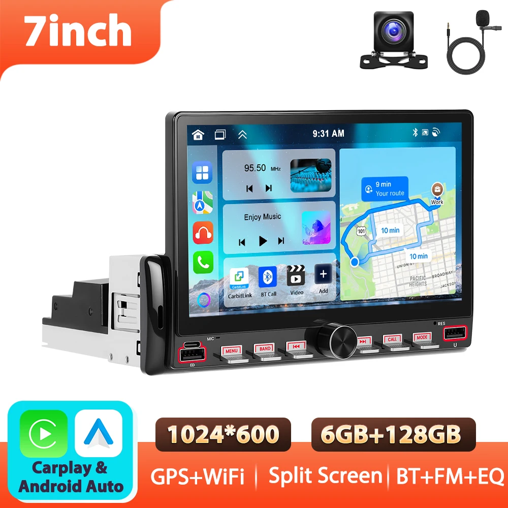 Podofo 7'' 1Din Android Autostereo 6+128G Multimedia Speler Carplay Android Auto EQ WIFI GPS FM/RDS Mirror Link BT USB Auto Audio