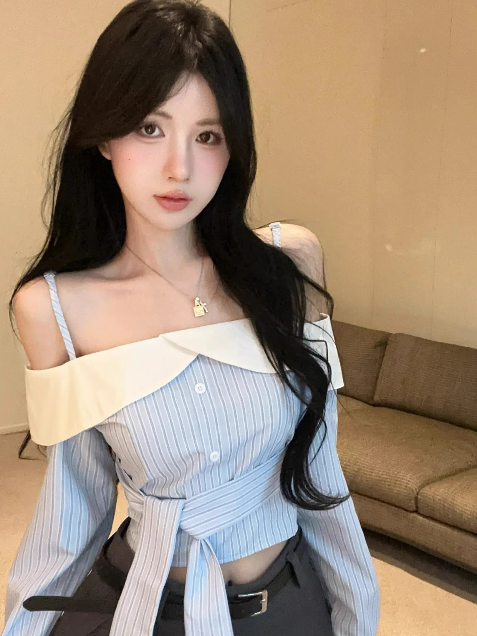 

Gray Halter Neck Stripe Splicing Skirt And Top Two-Piece Set Women's Fashion Korean Style Half-length Skirt Nicole Rose Brand