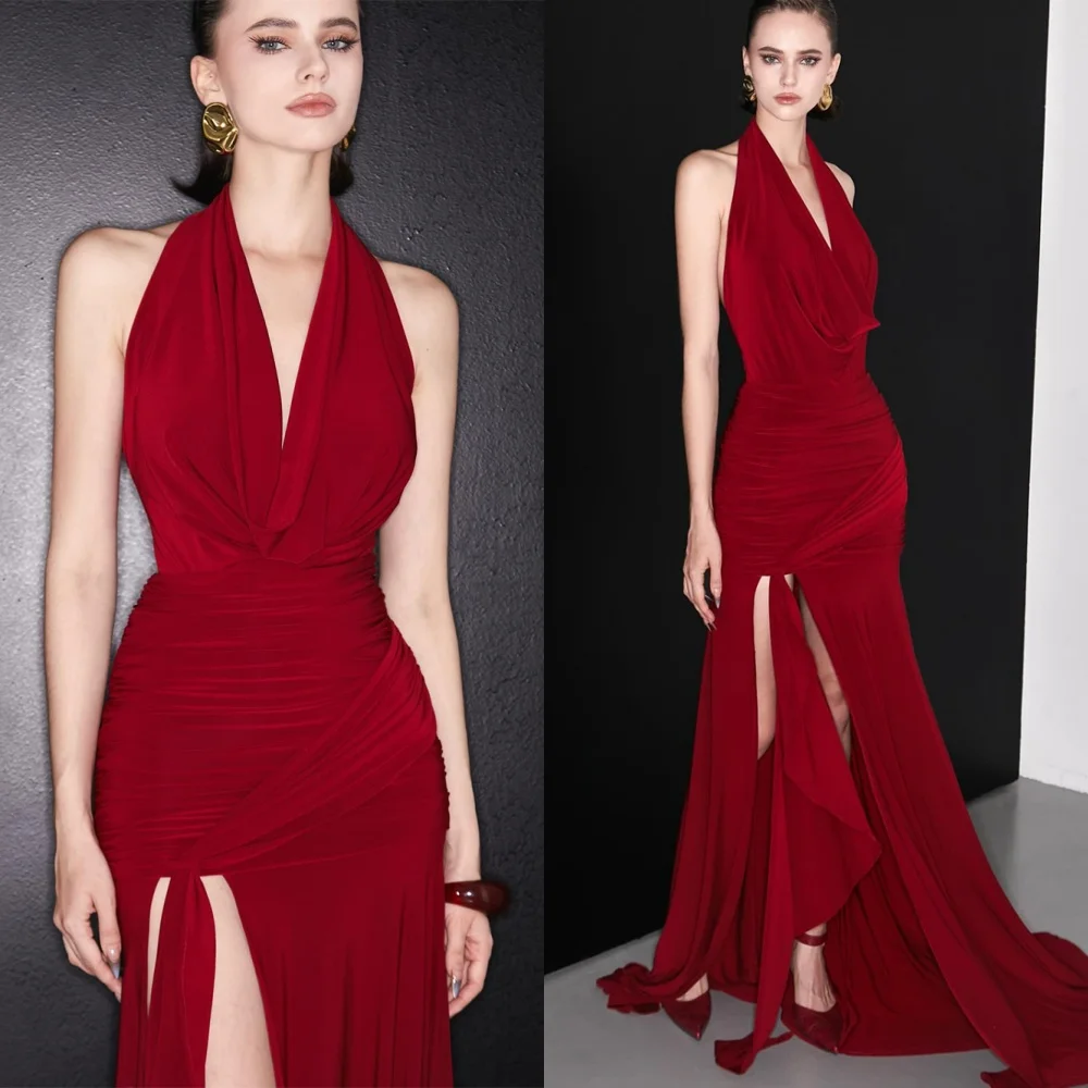 

Customized Simple Jersey Party Dresses Elegant Halter Sleeveless Evening Gowns Luxury Backless Open Back Vestido De Festa