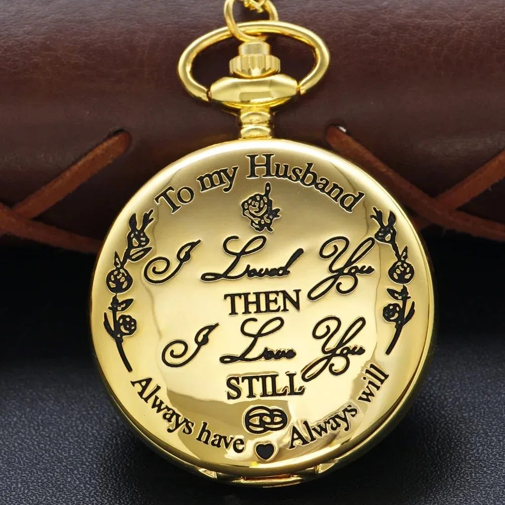 남편을위한 사랑 새겨진 석영 주머니 시계 골드 목걸이 펜던트 Fob 체인 빈티지 Steampunk 주머니 시계 남성과 여성