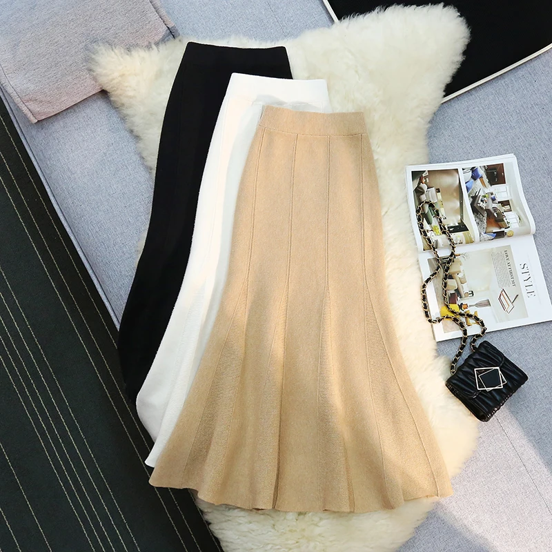 

Autumn Winter Women High Waist Thick Knitted Skirt Fashion Basics Ruffle Long Party Skirts Ladies Slim Wrap Hip Mermaid Skirt