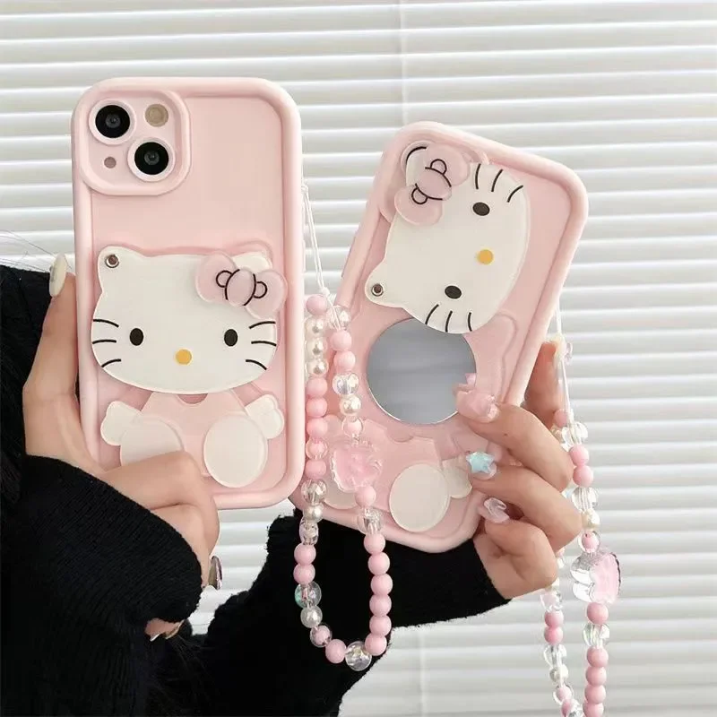 HOT Sanrio Hello Kitty Makeup Mirror Holder Silicone Case For iPhone 15 14 13 11 12 Pro Max XR XS MAX 7 8 Plus Cute Cover Y2K