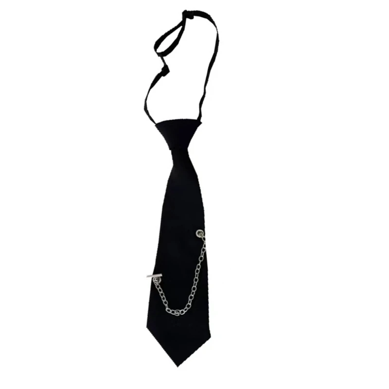 Black Ties with Metal Chain Hiphop Punk Pre Tied Necktie for School Uniform Tie K3KF