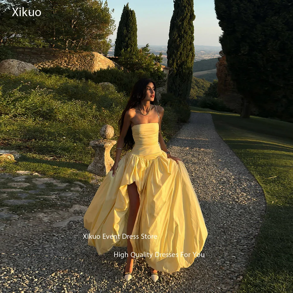 

Xikuo Yellow Strapless Evening Gowns Ruched Bodice Robe Cocktail Femmes High Slit A Line Elegant Vestidos Elegantes Customized