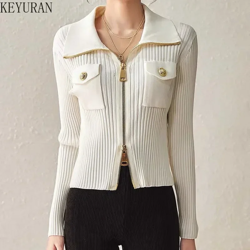 2023 Autumn Black Slim Double Zipper Knitted Cardigan Sweater Coat Women Korean Fashion Pull Femme Knitwear Crop Top Y2k Jumper