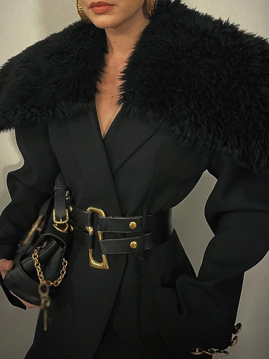 TWOTWINSTYLE Afslanken Gesplitste Riem Temperament Jassen voor Vrouwen Revers Lange Mouwen Patchwork Bontkraag Jas Vrouwelijke Kleding