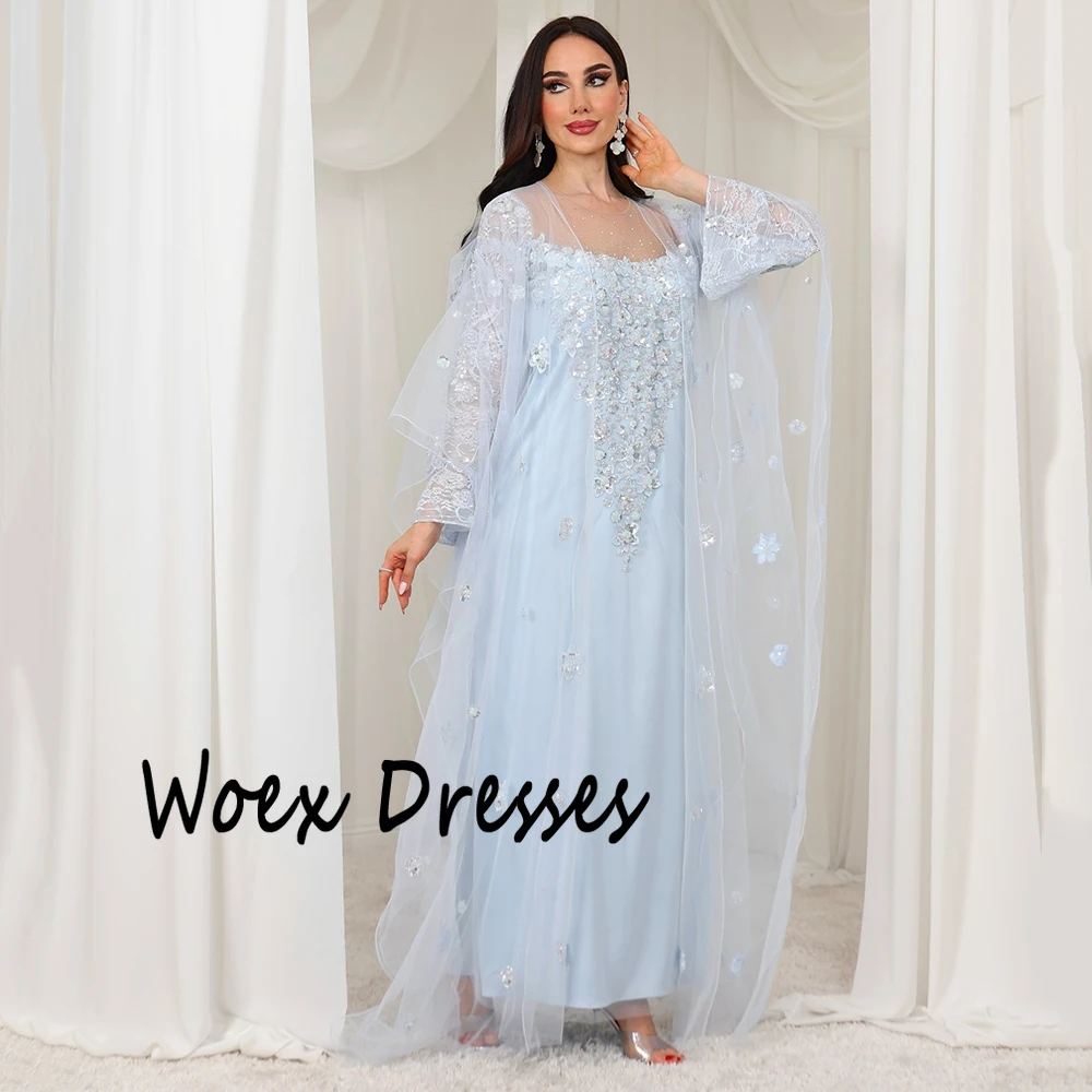 Vestido de noche personalizado de Jersey con cuello cuadrado azul cielo, Apliques de encaje con capa de tul, vestido de fiesta de manga larga hasta el tobillo