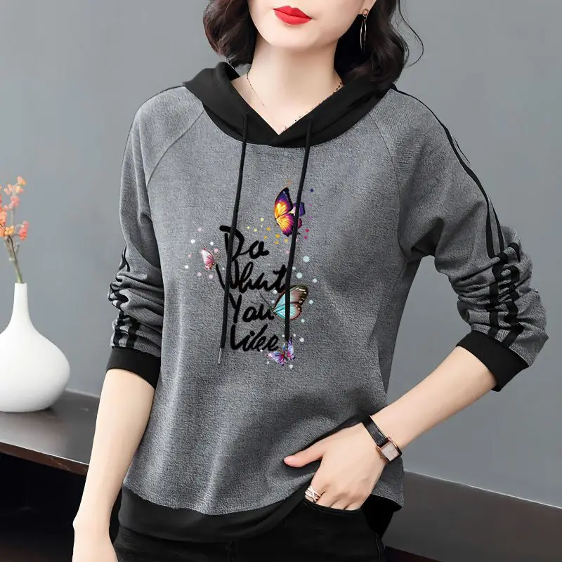 Women\'s Pullover Drawstring Patchwork Hoodies 2023 Spring and Autumn New Fashion Printed Long Sleeve Loose Casual Hooded Tops