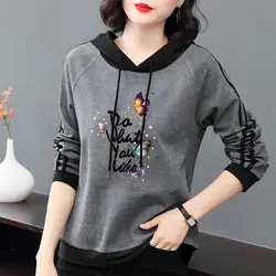 Women's Pullover Drawstring Patchwork Hoodies 2023 Spring and Autumn New Fashion Printed Long Sleeve Loose Casual Hooded Tops