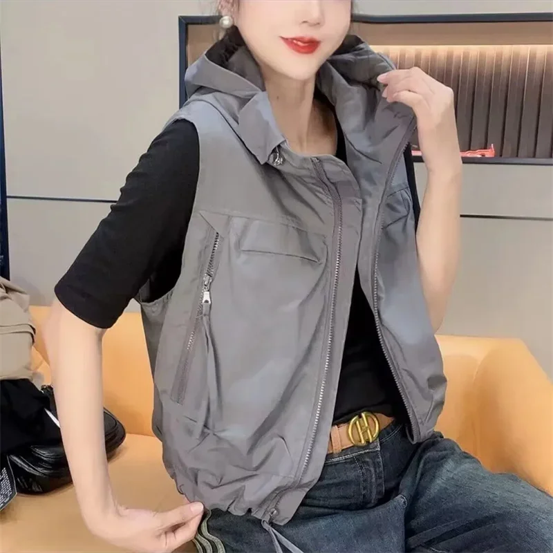 2025 여름 신상 여성 조끼 자외선 차단 의류 루즈 얇은 후드 캐주얼 자외선 차단 야외 재킷 아우터웨어