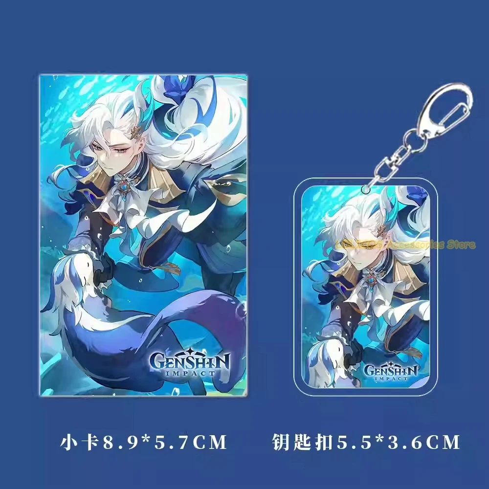 Anime Neuvillette Genshin Impact Acrylic Keychain Badge Pins Postcard Laser Ticket Pendant Game Collection Set
