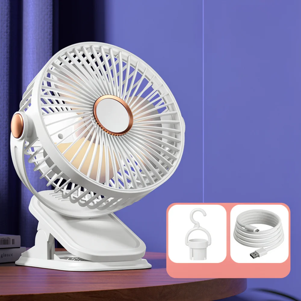Portable USB Clip Fan Silent Desk Cooling Fan With Built In Battery Night Light For Office Study Bedroom Travel