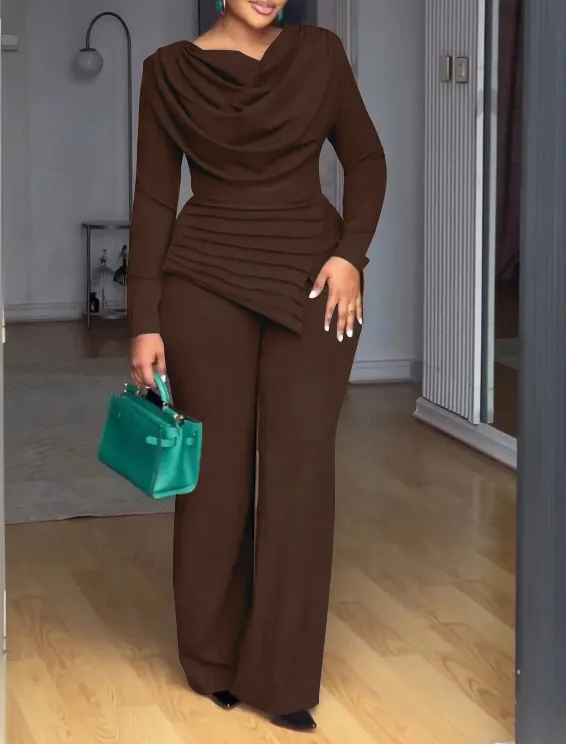 

Женский комплект из двух предметов: однотонный плиссированный топ с круглым вырезом и длинными рукавами, брюки в пол, с завышенной талией, повседневный стиль