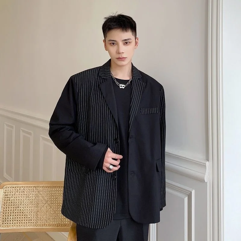 Striped Spring Colorblocked Patchwork Black Men's Suit Coat 2022 New Lapel Casual Single Breasted Long Sleeve Blazer 2A0242