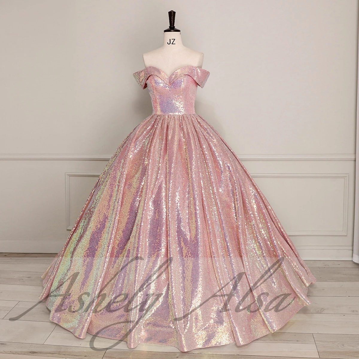 Customized Shinny Pink Prom Dresses Off Shoulder Sequin Lace Up Puffy Skirt Women Birthday Party Occasion Swee 15 Quinceanera