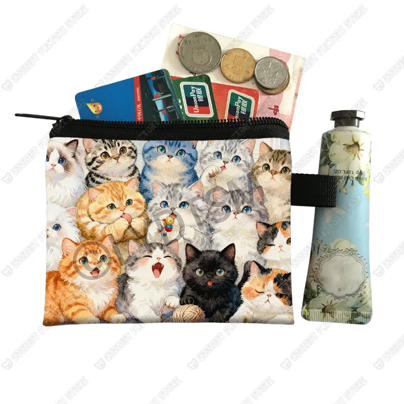 Cute Watercolor Painting Cats Print Coin Purse Money Bag Credit/ID Card Earphone Holder Coin Bag Zipper Pouch