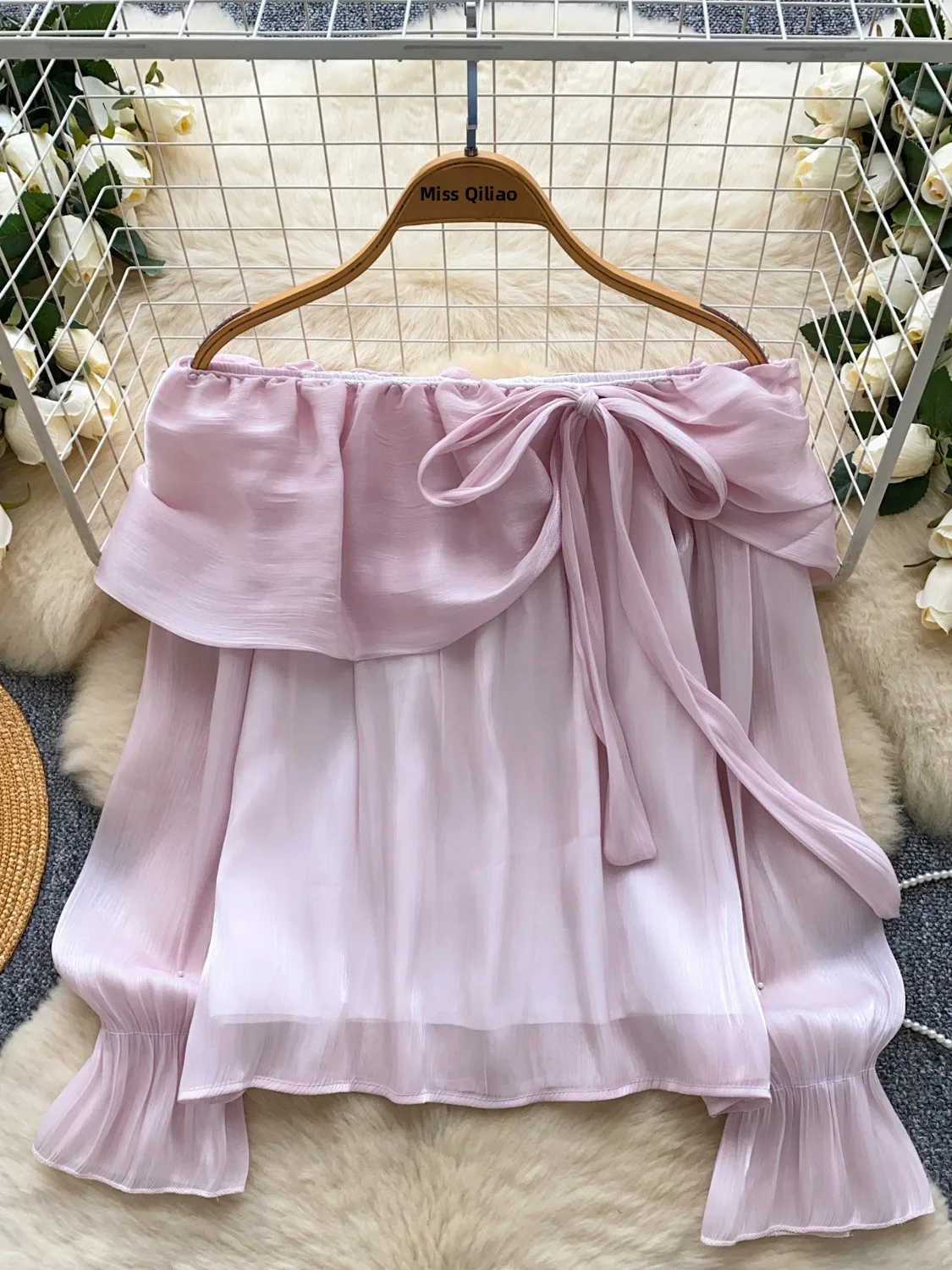 

Ele Long Sve One oulder irt Women's Pearl Glitter Me Top Korean Sle Loose Fit Breathable Polyester Fiber