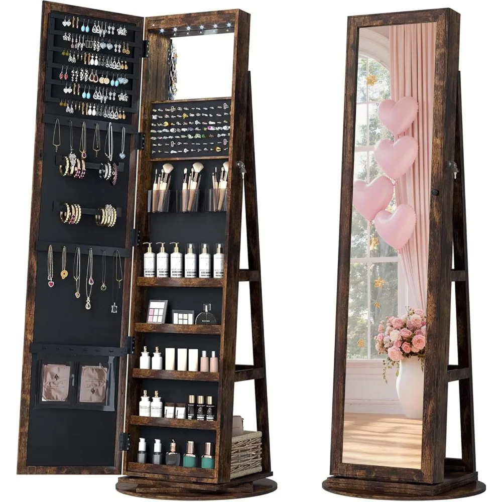 LED Mirror Jewelry Cabinet Standing, 360°Swivel Jewelry Organizers and Storage, Farmhouse Mirror with Jewelry Storage Customized