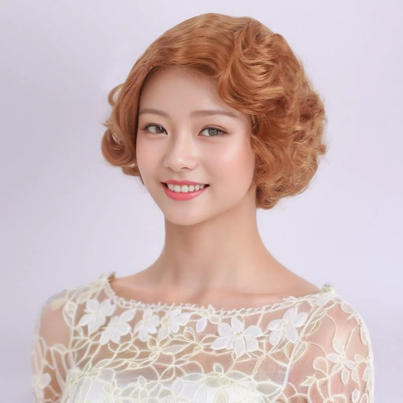 Ladies Dark Blonde Curly Synthetic Wig Short Wave Hair Wigs Women Wig